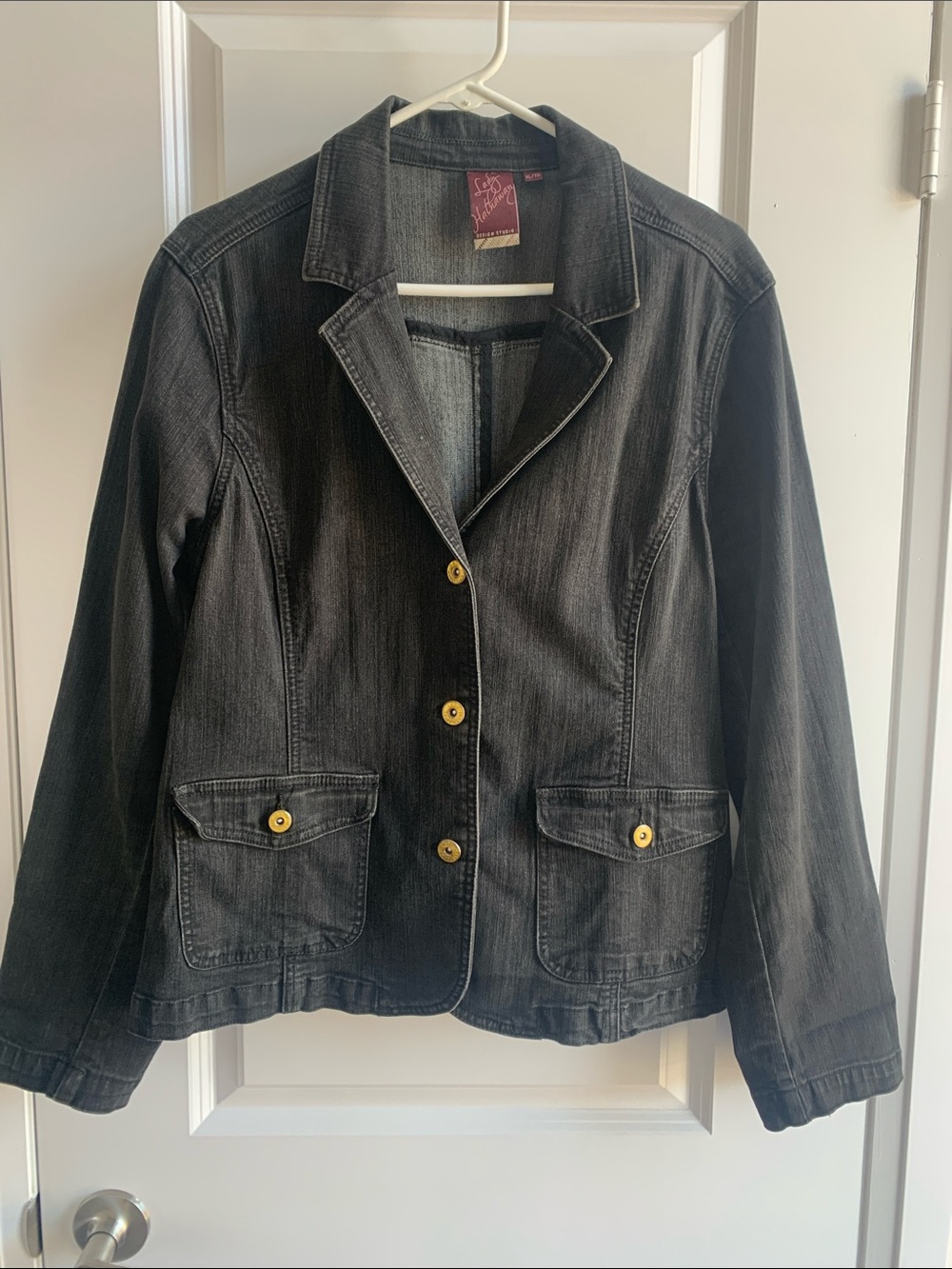 Womenβs Dark Gray Denim Blazer Jacket with Gold Buttons